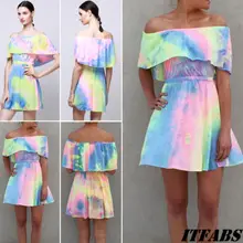 Женское богемное Мини-Платье Falbala с открытыми плечами, летнее пляжное праздничное платье для вечеринки