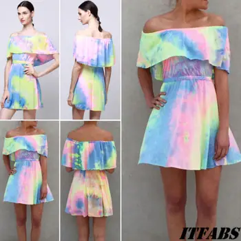 

Women Falbala Off Shoulder Boho Mini Dress Summer Beach Holiday Party Sundress