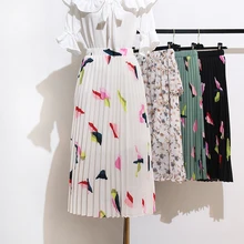 Женская плиссированная юбка Новая мода Повседневное шифон юбка эластичный Высокая Талия корейский стиль до середины икры юбки с цветочным узором женские