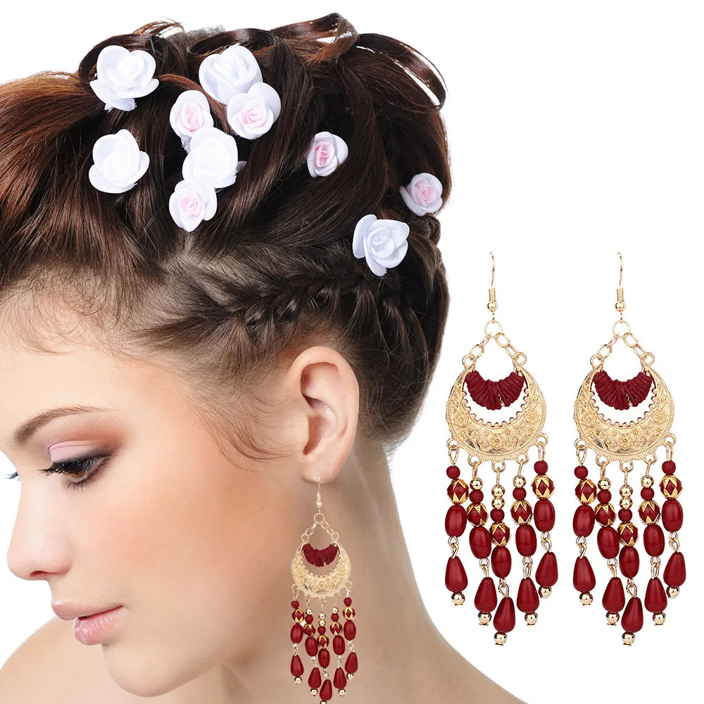 

Popular Women's Earrings Vintage Bohemian Boho Style Oorbellen Crescent Beads Tassel Dangle Earrings Jewelry Accessories Earring