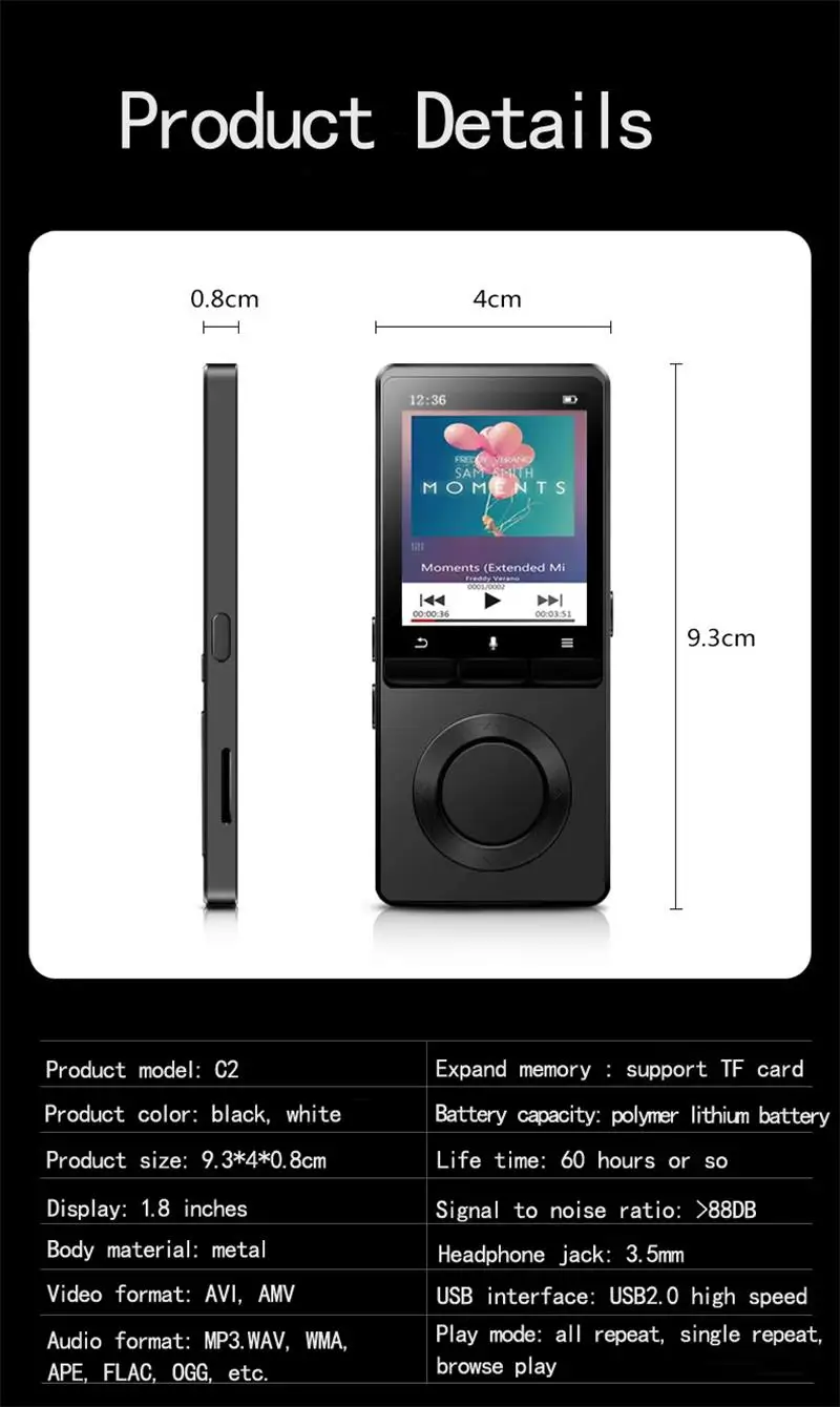 MP3-плеер встроенный динамик металлический без потерь звук аудио музыкальный плеер с fm-радио, hd-видео плеер, поддержка sd-карты до 64 ГБ