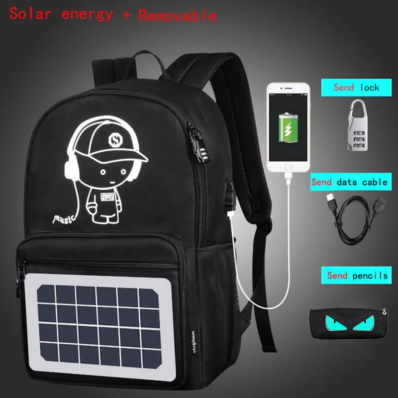 Солнечные энергетические школьные сумки для мальчиков и девочек, аниме, светящиеся школьные рюкзаки, противоугонные детские школьные рюкзаки, водонепроницаемый рюкзак с зарядкой через USB