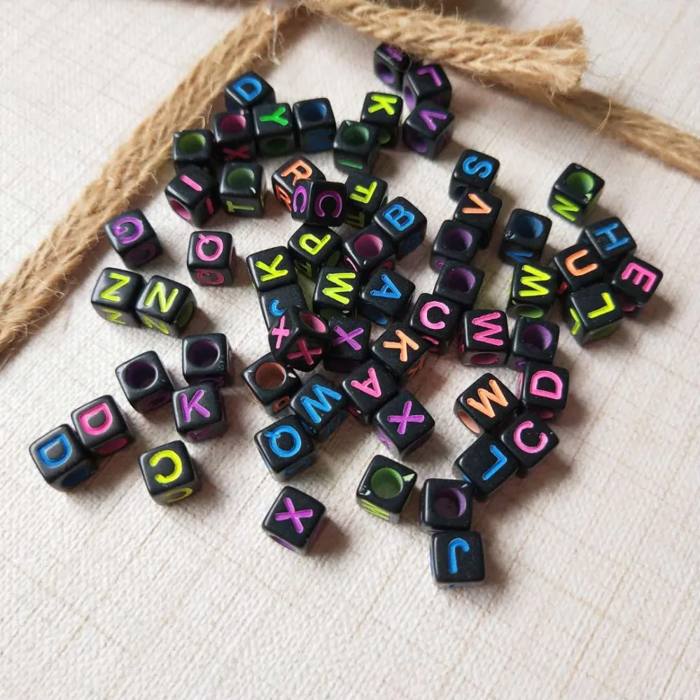 

Newest 6*6MM Colorful Neon Colors Mixed Englich Character Letters Printing Cube Square Acrylic Beads Big Hole Plastic Beads