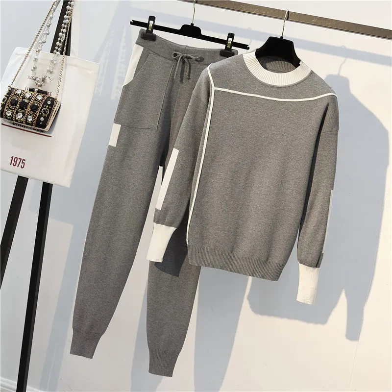 

2018 Winter Women Knit Pants Sweaters 2pcs Set geometric Patchwork Pullovers Long Sleeve Tracksuits Jumpers and Trousers Sets