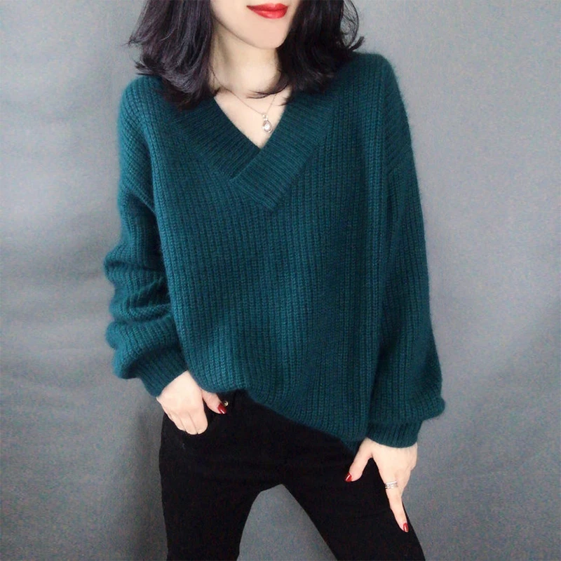 

2019 Autumn Winter Cashmere Blend Sweaters Women Fashion Sexy V-Neck Loose Sweater Batwing Sleeve Plus Size Pullover Tops