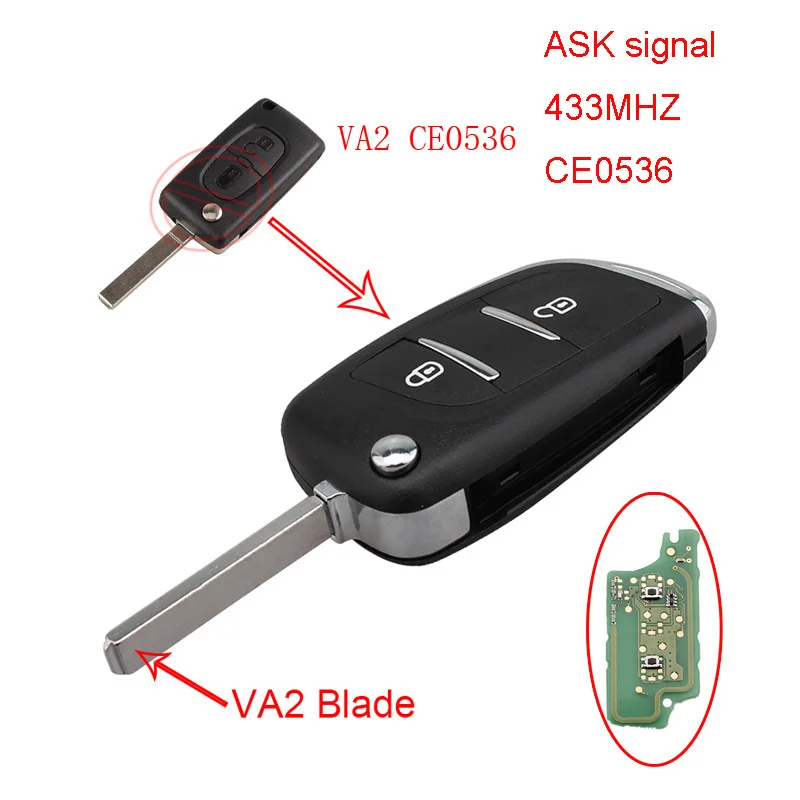 

New 2 Buttons 433MHz ASK Signal CE0536 Flip Key Fob Remote Alarm For Citroen C2 C3 C4 PICASSO with PCF7961 chip VA2 Blade
