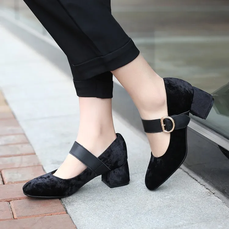 

Big Size 11 12 13 14 15 16 17 ladies high heels women shoes woman pumps Square-headed metal decoration with thick-heeled buttons