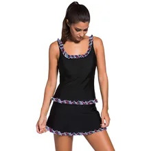 PLUSLAND танкини сексуальный женский u-образный вырез с оборками отделка черный топ на бретелях и Skort Купальник Плюс Размер из двух частей отделяет купальные костюмы