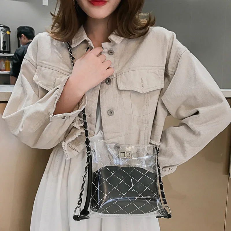 

Hot Selling Transparent Single Shoulder Bag Bucket Handbag 2 Pieces Set for Women Girls -B5