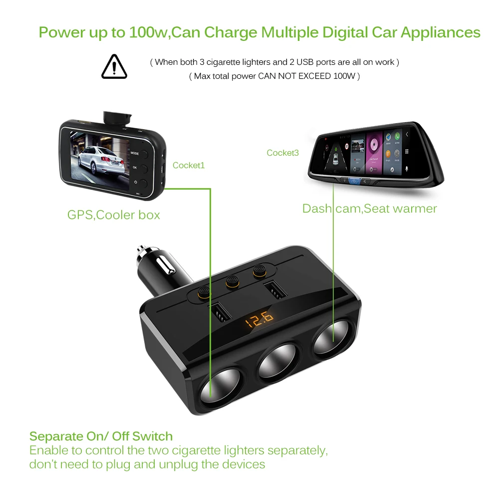 Универсальный 3-Way 100W разветвитель гнезда прикуривателя 12 V-24 V адаптер питания Макс 5V 3.1A 2 USB Автомобильное зарядное устройство с вольтметром lcd