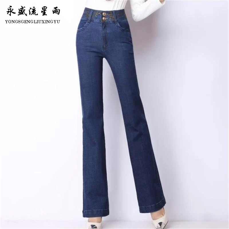 Женские весенне-осенние джинсы с вышивкой, высокая талия, расклешенные джинсы для девочек, эластичные брюки для девочек, брюки размера плюс, расклешенные брюки
