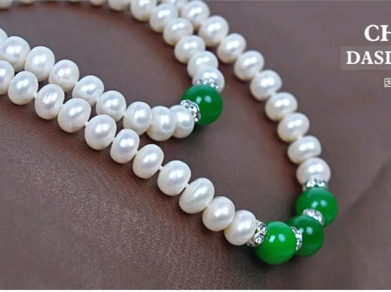 

Hot selling free shipping***** cheap sets 7-8mm cultured white pearl necklace bracelets+ green agate beads