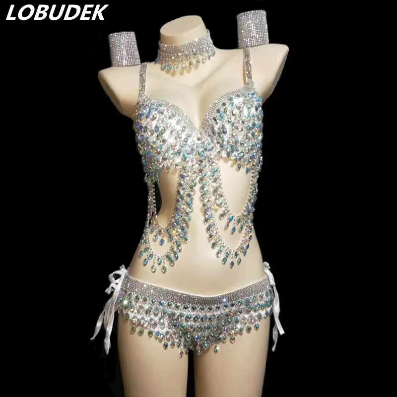 Necklace+Bar+Shorts+Cuff) Glisten Rhinestones Bikini Women Set Bar Nightclub DJ Singer Sexy Stage Wear Party Show Dance Costume