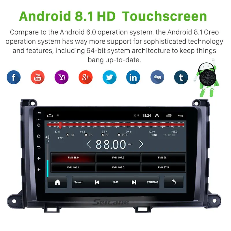 Excellent Seicane Android 8.1 HD 2Din 9" Car Stereo For Toyota Sienna 2009 2010 2011 2012-2014 Head Unit GPS Player SWC Rear Camera DVR 2