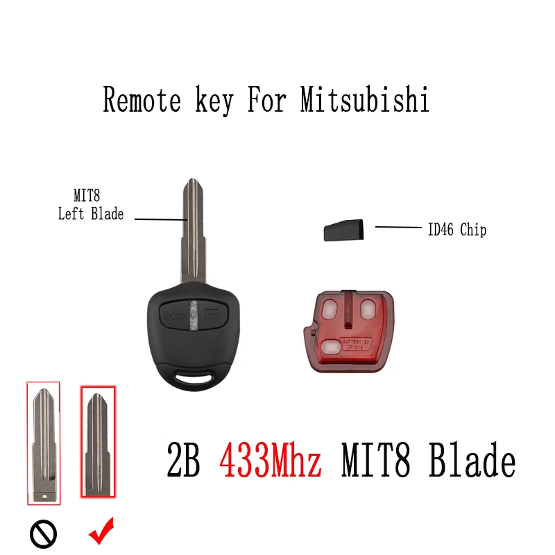 

2Buttons 433Mhz Car Remote Key Fob For Mitsubishi L200 Shogun Pajero Triton 2006-Present With ID46 Chip MIT8 (left) Blade