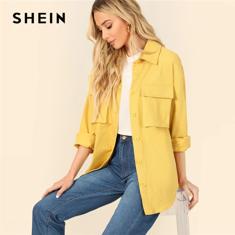 New  SHEIN Yellow Dual Flap Pocket Front Shirt Plain Jacket Autumn 2019 Casual Regular Single Breasted W