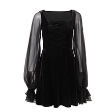 Women Lace-Up Velvet Dress Black Mesh Long Lantern Sleeve A-Line Mini Dress Bandage Sexy Cosplay Lolita Vintage Gothic Dress