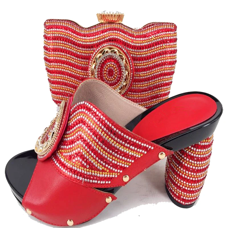 

Hand made shoes slippers women and clutches bag italian design red with stones shoes and bag matching set size37 to 43 SB8157-5