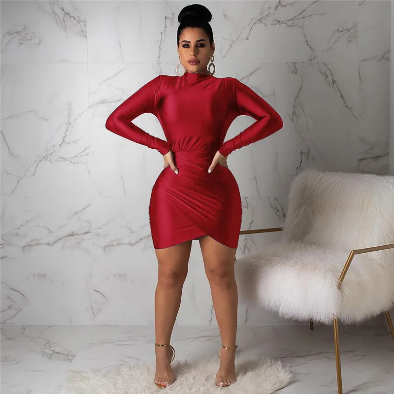 ANJAMANOR Green Long Sleeve Bandage Dress Elegant Sexy Ruched Mini Bodycon Dresses Woman Party Night Clubwear D35-AB64