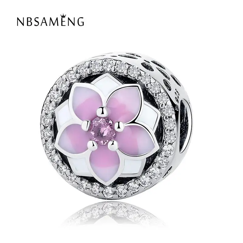 

High Quality 925 Silver Magnolia Bloom Charm Beads Pink CZ Fit Original Pandora Charm Bracelet Authentic Jewelry Gift