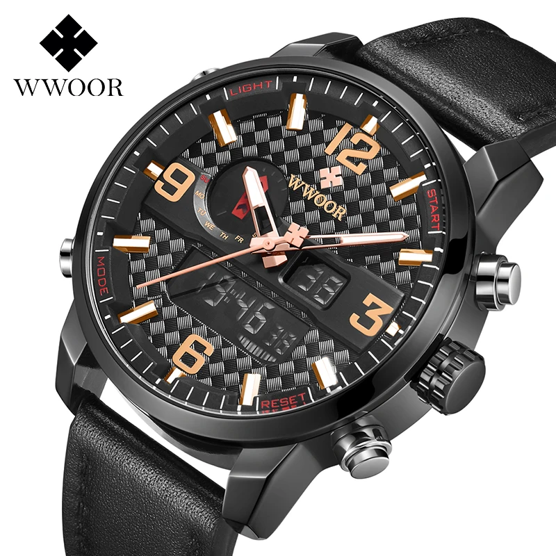 

WWOOR New Men's Fashion Sport Military Watch Men Leather Waterproof Quartz Watches Male Date LED Analog Clock Relogio Masculino