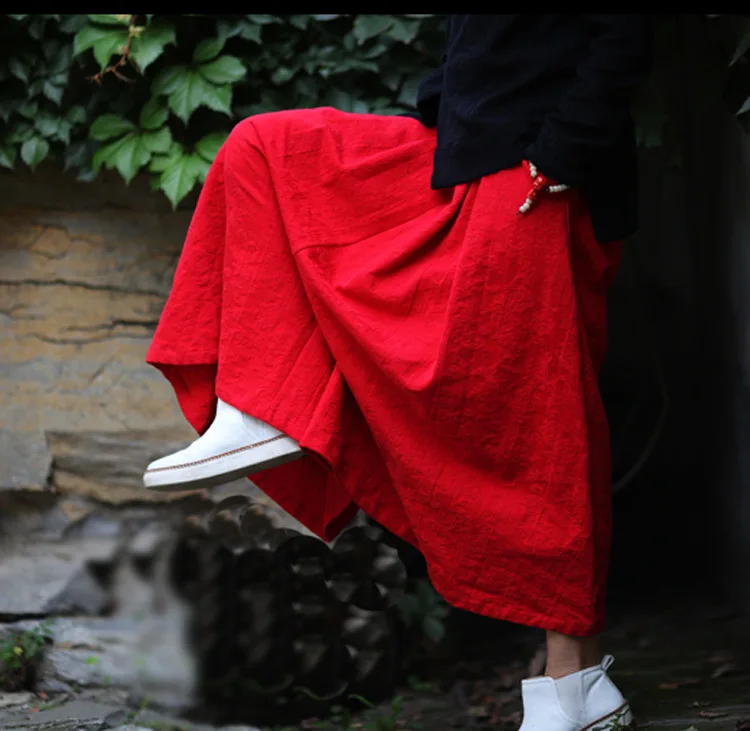 

Loose Straight Bright Red Elastic Waist Calf-length Women Cotton Linen Pants, Summer Plus Size Wide Red Harem Pants Trousers