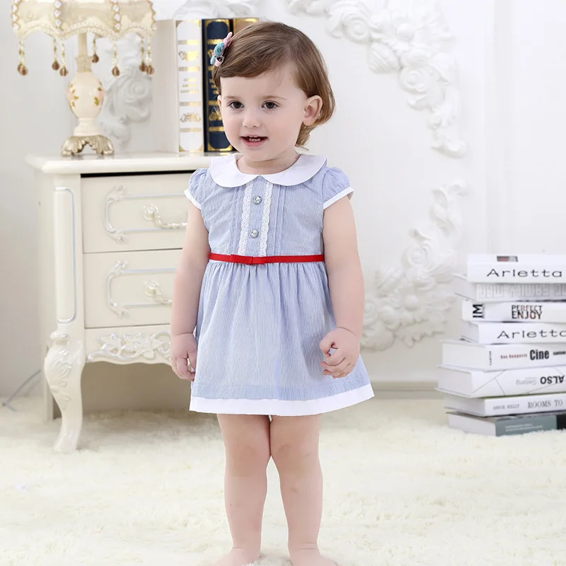 Baby formal dress vestido summer blue cotton lace lotus leaf collar plaid dress kids' clothing