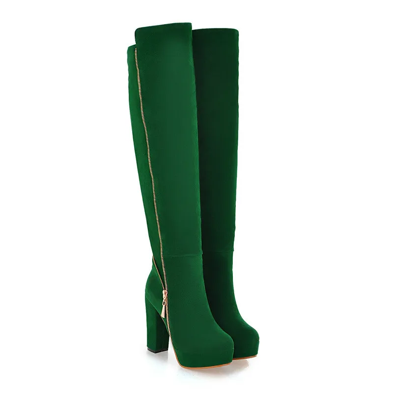 Осенне-зимние сапоги; модная пикантная женская обувь на высоком толстом каблуке; сапоги до колена - Цвет: Зеленый