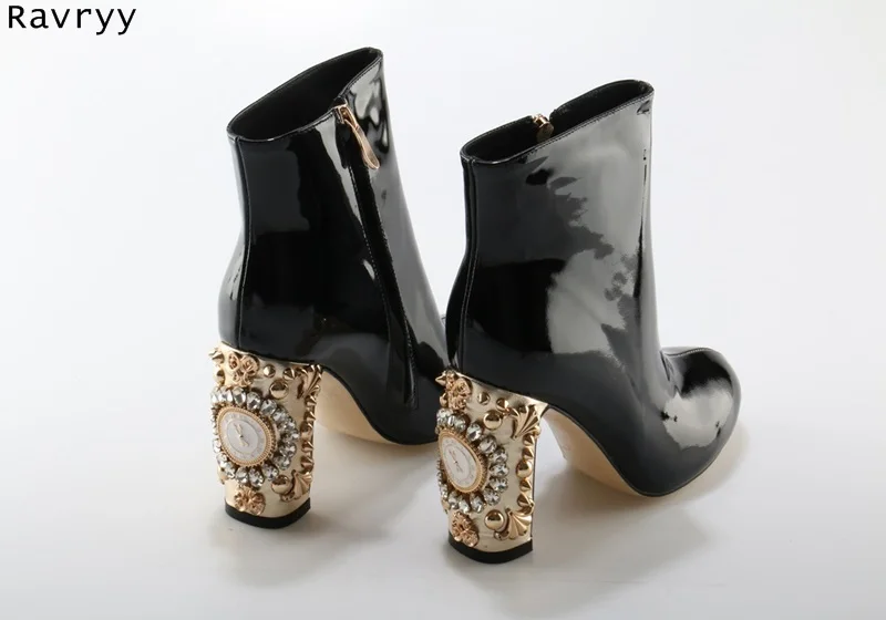 Talón Picture Diseño Bling Picture Rhinestone Charol Mujer Decoración Lujo Oro As Moda as Botas Femenino Bloqueo De Botines Negro Corto 8gHzq7f