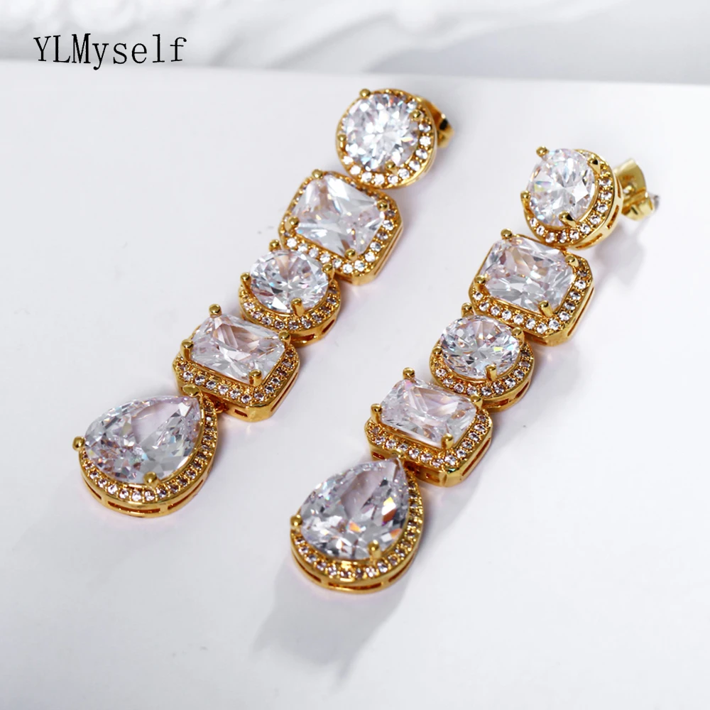 Very Long Earring Red/White Zirconia stones Female Gold-Color Jewellery Women's Big Water Drop Earrings Colorful Jewelry