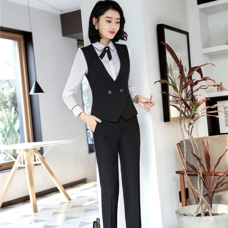 Trajes formales elegantes de uniforme negro con Tops y pantalones para damas de oficina chaleco abrigo y conjuntos chaleco de talla grande|Trajes de pantalón| - AliExpress