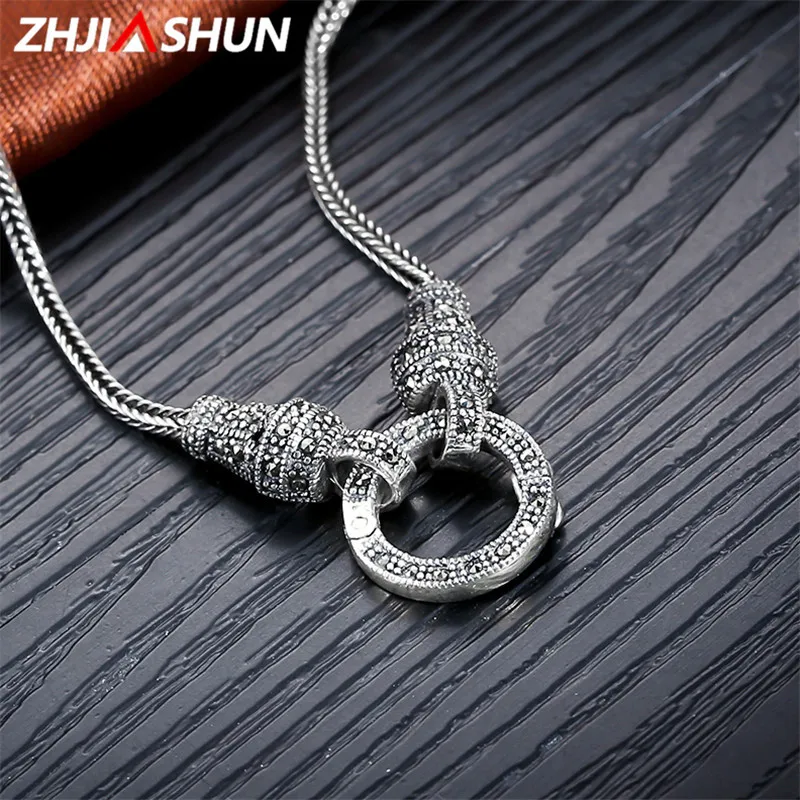 

ZHJIASHUN 1.5mm 925 Sterling Silver Long Chain Necklace for Women Female Thai Silver Marcasite Necklaces Pendants Jewelry