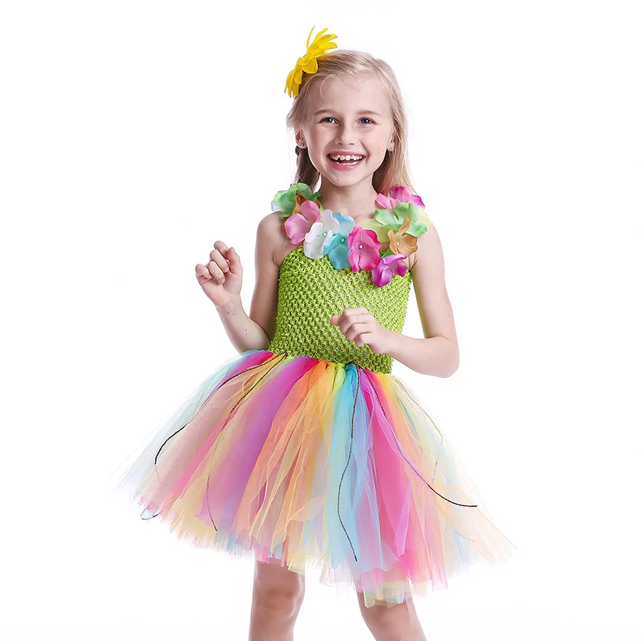 Girls Hawaiian Grass Hula Tutu Dress with Flower Garland Necklace Kids (2)