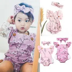 Комплект из 2 предметов для новорожденных и маленьких девочек; комбинезон с оборками и рукавами; комбинезон с цветочным рисунком; повязка