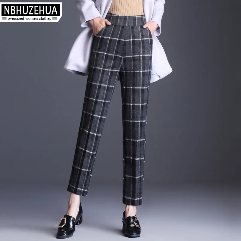 

NBHUZEHUA F107 Women Wool Pants High Waist Plaid Woolen Office Autumn Winter Elastic Straight Female Plus Size Trousers 4XL 5XL