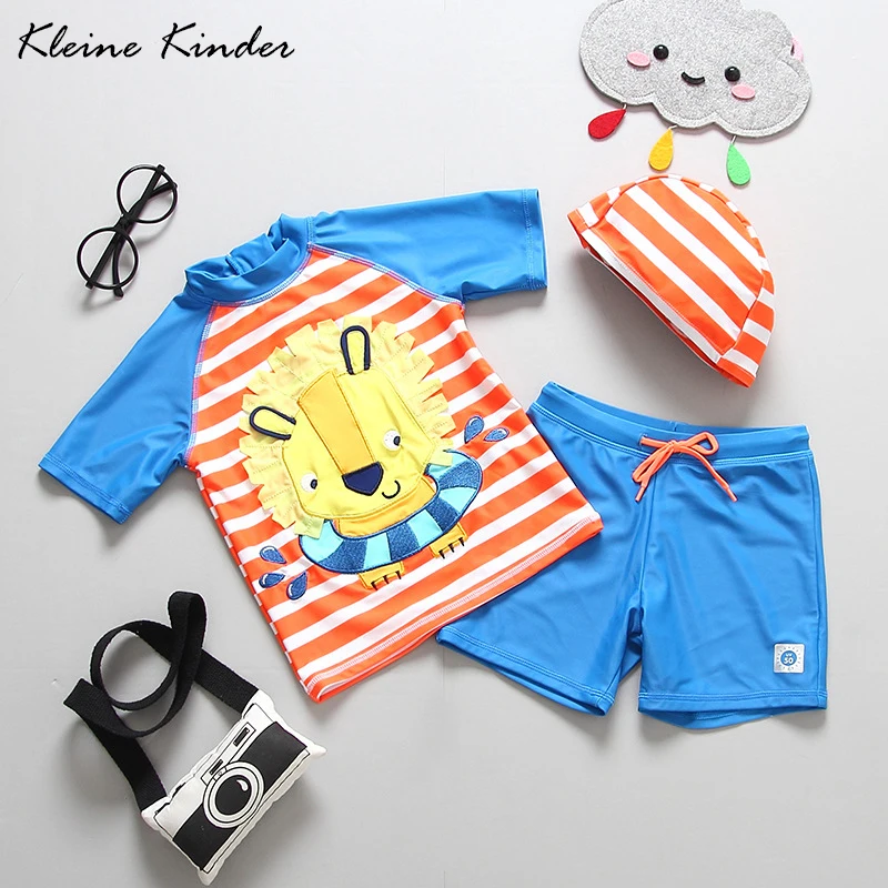 

UPF50+ children's swimsuit 3 pieces with swim cap cute tiger blue striped baby toddler boy swimwear vocation beach bathing suits