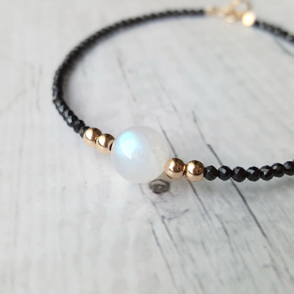 Lii Ji Aurora Moonstone Black Spinel Bracelet Natural Stone Sparkling Bead 925 Sterling Silver Clasp Deilicate Handmade Bracelet