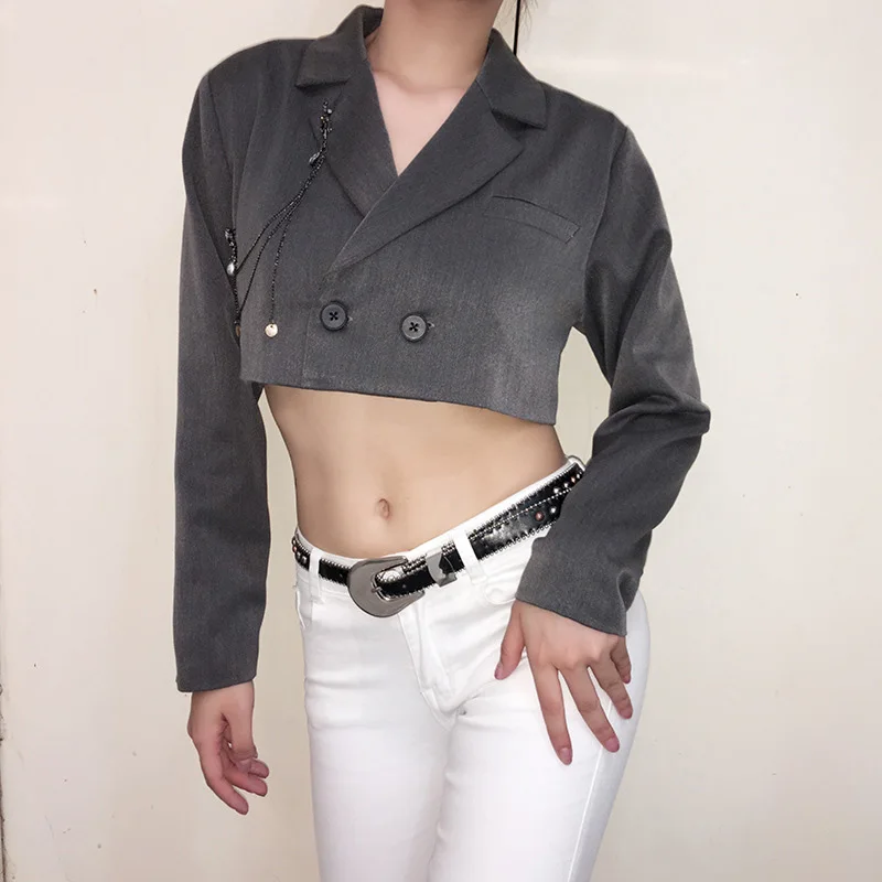 Fitshinling 2019 Autumn Winter Blazer Feminino Fashion Chain Cropped Coat Long Sleeve Buttons Slim Women Blazers And Jackets New
