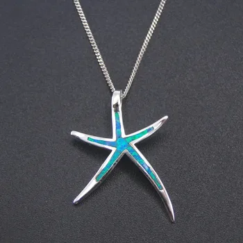 

Hot Selling Real 925 Sterling Silver Jewelry Amazing Blue Fire Opal Set Opal Starfish Women Pendant Necklace & Earrings For Gift