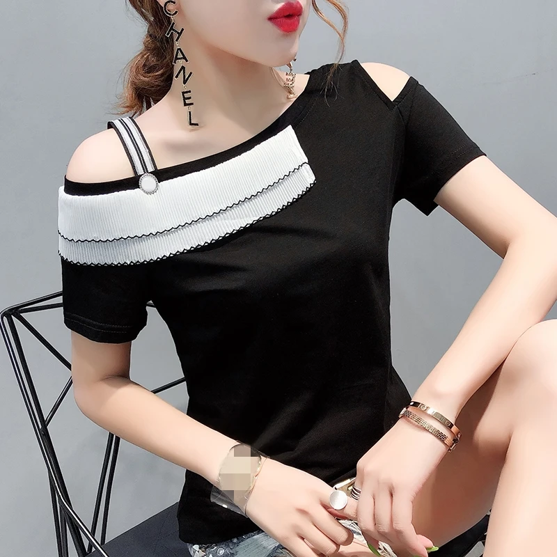 

Korean Sexy Slash Neck Patchwork Tshirt 2019 New Women Short Sleeve Top Shirt Clothes Streetwear Camiseta Mujer Black T96513