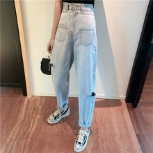 Корейские новые джинсы девять брюки чистого цвета с высокой талией женские узкие джинсы свободные широкие брюки три ряда прямые
