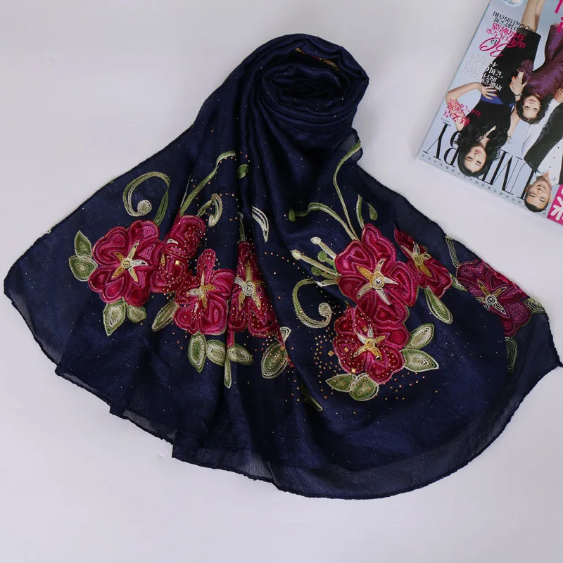 Роскошные цветочные вышитые шарфы блестящие шелковые льняные обертывания мусульманские хиджабы золотые стразы мусульманская вуаль