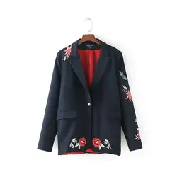 Высокое качество костюм женский длинный отрезок 2018 Весна Осень Новый корейский модный Свободный Тонкий Ретро Вышивка костюм куртка