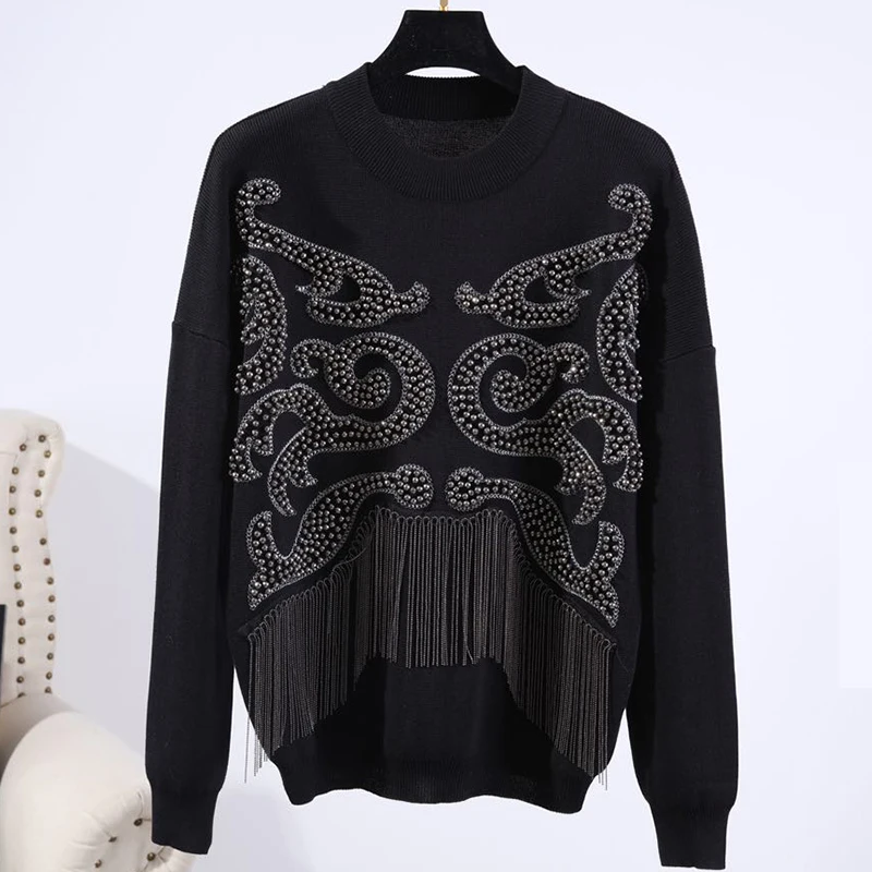Lourde En 181217tb01 Femmes Pantalon Chandail Manches Perlée À Pantalons Nouveau Hiver Costume Casual Tricot Longues De Gland w7awt4q