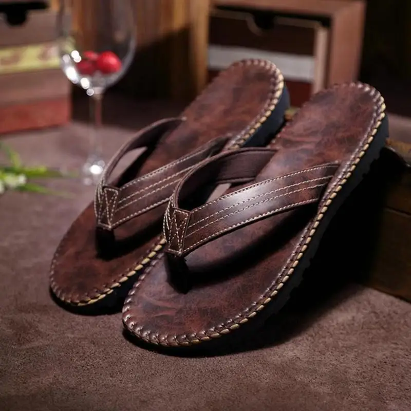 

2018 Hot Selling Summer Cool Men PU Leather Flip Flops British Style Boardered Beach Sandals Male Slippers Zapatos Hombre