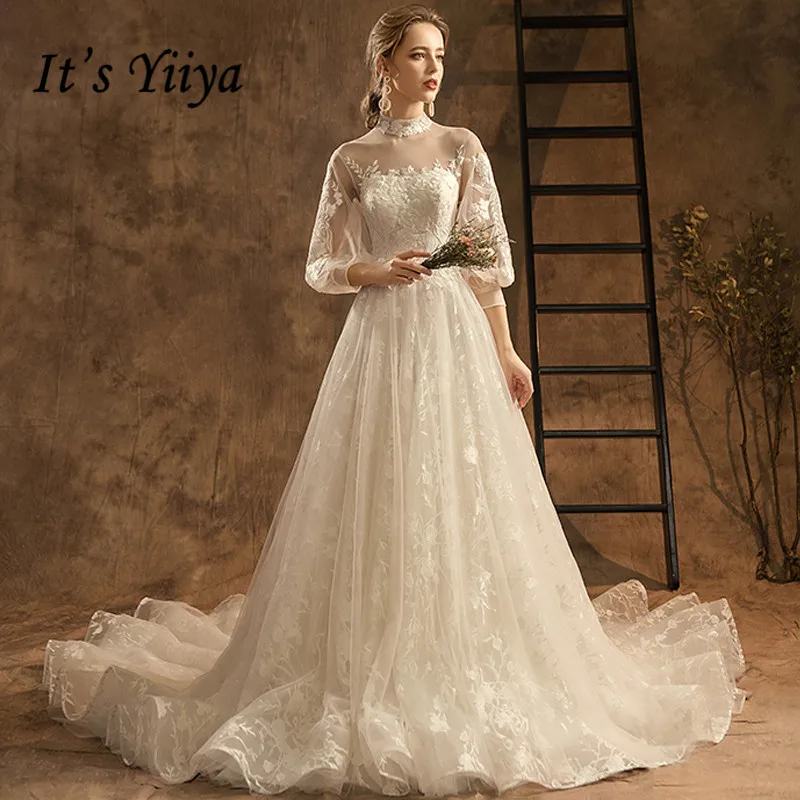 

It's YiiYa Wedding Dress 2019 Lantern Sleeve Elegant Lace Long Train Wedding Gowns Plus Size vestido de noiva Free Shipping G084