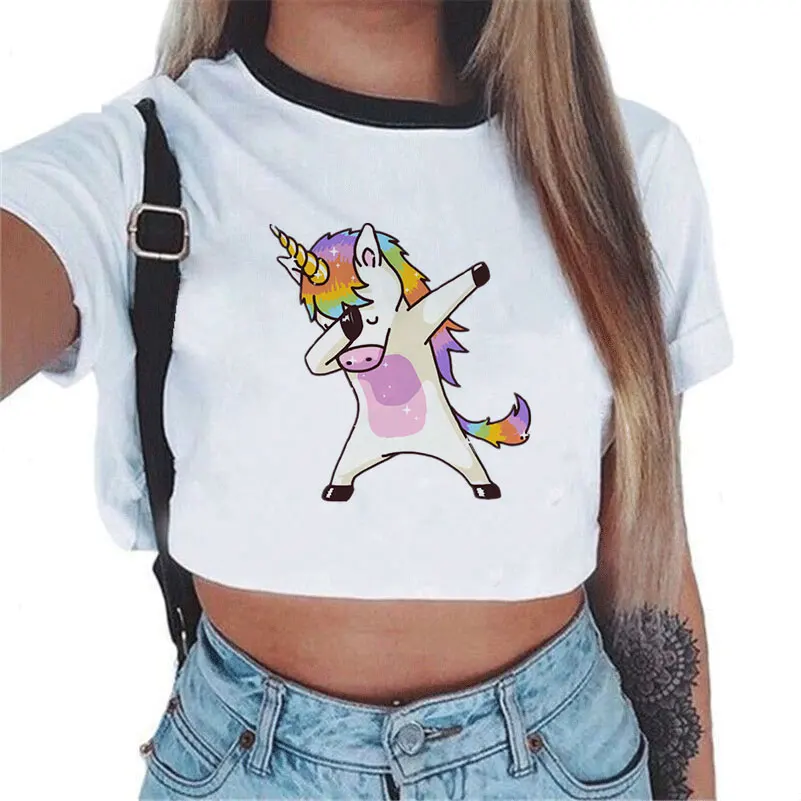 2017 New Fashion Women Crop Top Short Sleeve Cute Unicorn