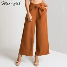 Wide Leg Pants Women Elegant Female Trousers 2018 Autumn High Waist Capri Loose Belt Chiffon Casual Pants Women Plain Office