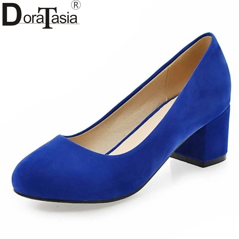 Image Classics round toe slip on plain med square heels platform pumps fashion flock solid girls dress wedding party shoes