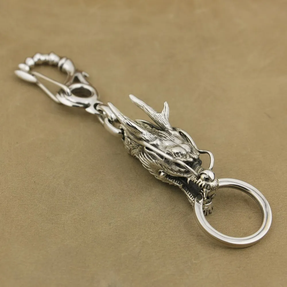 

925 Sterling Silver Claw Hook Dragon KeyRing Mens Biker Punk KeyChain 8J026A